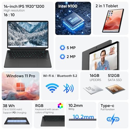 EYY 2 in 1 Laptop/Tablet Computer, Intel N100 (UP to 3.40GHz), 16GB LPDDR5 512GB SSD Windows 11 Laptop, 14" 1920*1200 Resolution 16:10 Touchscreen, Wifi 6, BT5.2, HDMI, Backlit Keyboard, Dual Camera