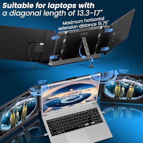 14" Laptop Screen Extender, FHD 1080P IPS Triple Portable Monitor for Laptop, HDMI/USB-A/Type-C Plug and Play for Windows, Mac, Android, Chrome, Switch & PS5, Work with 13.3”-17” Laptops