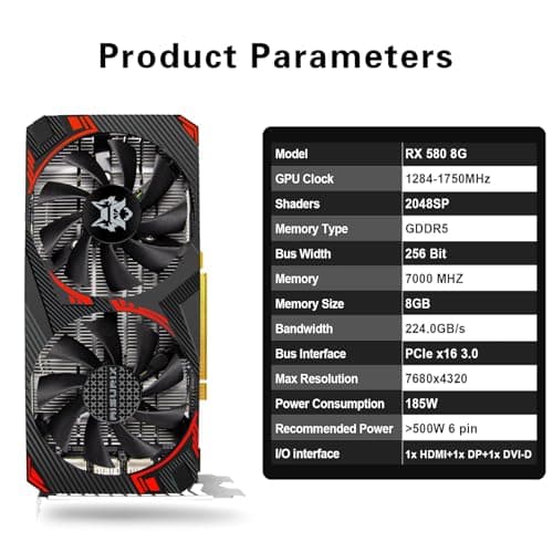 RX 580 Graphics Card 8GB GDDR5 2048 SP PCIe 3.0 Dual Fan Cooling DirectX 12 256-Bit HDMI/DP/DVI Outputs Video vard for Gaming PC and Streaming