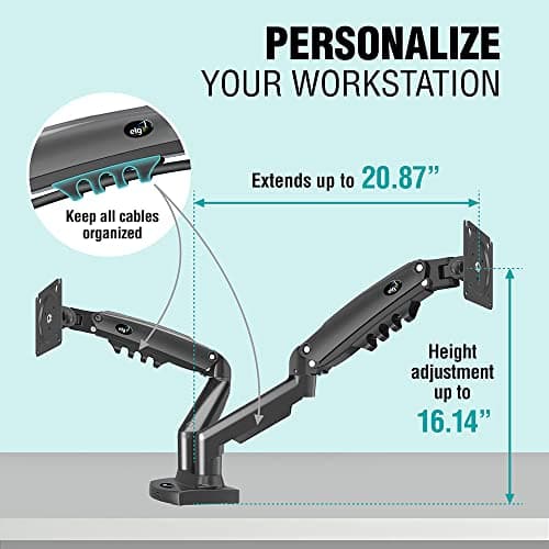 ELG Full Motion Swivel Dual Monitor Desk Mount Stand Gas Spring for Two Screens 17” to 35'' (4.4lbs to 19.8lbs Load for Each Display), Computer Monitor Stand F160N, Black