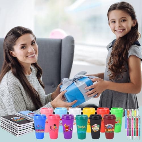 72 Pcs Back to School Teacher Appreciation Gifts Bulk 16oz Plastic Coffee Cups with Lid Notebooks and Ballpoint Pens for Christmas Teacher Thank You Gift(Classic 2)