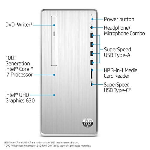 HP Pavilion Desktop, 10th Gen Intel Core i7-10700 Processor, 16 GB RAM, 1 TB hard drive + 256 GB SSD, Windows 10 Home (TP01-1070, Silver)