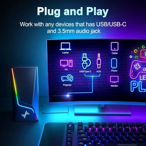 Nylavee Computer Speakers with Subwoofer, 2.1 Hi-Fi PC Speakers System with 6 Lighting Modes, Enhanced Bass, Plug and Play, USB/USB-C Powered and 3.5mm Aux in for Desktop, Monitor, Laptop, Tablet