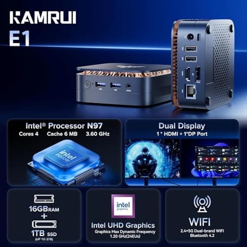 KAMRUI Mini PC, 12th N97 Mini Computers(Beat N150, up to 3.6GHz), Desktop Computers 16GB RAM 1TB SSD, Micro PC Computer Support 4K HDMI+DP, Desktop PC with Dual WiFi, Business Home Office