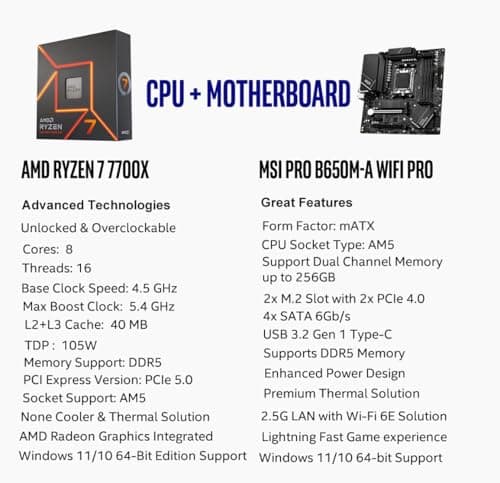 INLAND AMD Ryzen 7 7700X CPU Processor with MSI PRO B650M-A WiFi ProSeries Motherboard (AM5, mATX, DDR5, M.2, USB 3.2 Gen 2, Wi-Fi 6E), Sold by Micro Center