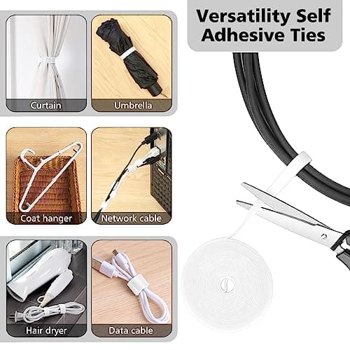 White Cable Management Organizer Kit, 2 Wire Sleeve Protector, 41 Self Adhesive Cable Clips Holder, 10pcs+2 Roll Reusable Cable Ties and 100 Cable Zip Ties for TV Computer Cord Tidy Under Desk