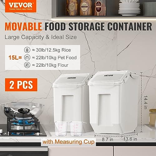 VEVOR Ingredient Storage Bin, 2 x 15L Dispenser Bin with 2 Measuring Cups, Attachable Casters and Airtight Lid, 2 Pcs/Set Dog Pet Food Storage Container, PP Material Kitchen Rice Cereal Flour Bin