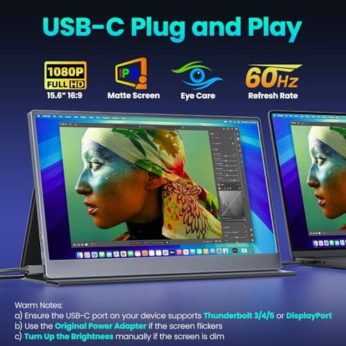 Portable Monitor 15.6 Inch 1080P FHD HDR IPS Travel Screen HDMI USB-C Portable Monitor for Laptop MacBook PC Surface Xbox PS4/5 with Cover, VESA Compatible
