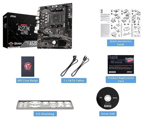MSI A520M-A PRO Gaming Motherboard (AMD Ryzen 5000, AM4, DDR4, PCIe 3.0, SATA 6Gb/s, M.2, USB 3.2 Gen 1, DVI/HDMI, Micro-ATX)