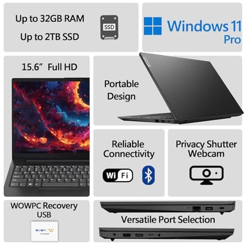 Lenovo New V15 Essential Laptop | Intel Multitasking 4-core Processor | 32GB RAM | 1TB SSD | 15.6" FHD 1080p Display | Ethernet RJ-45 | Rugged Design | Windows 11 Pro | WOWPC Recovery USB