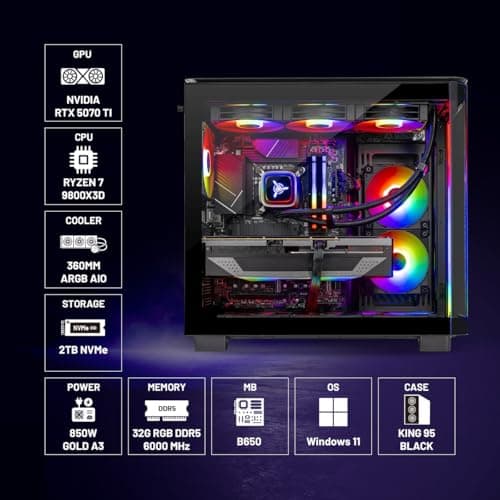 Skytech King 95 Gaming PC Desktop, Ryzen 7 9800X3D 4.7 GHz (5.2 GHz Turbo), NVIDIA RTX 5070 Ti 16GB, 2TB Gen4 NVMe SSD, 32GB DDR5 RAM 6000 RGB, 850W Gold PSU, 360mm ARGB AIO, Wi-Fi, Win 11