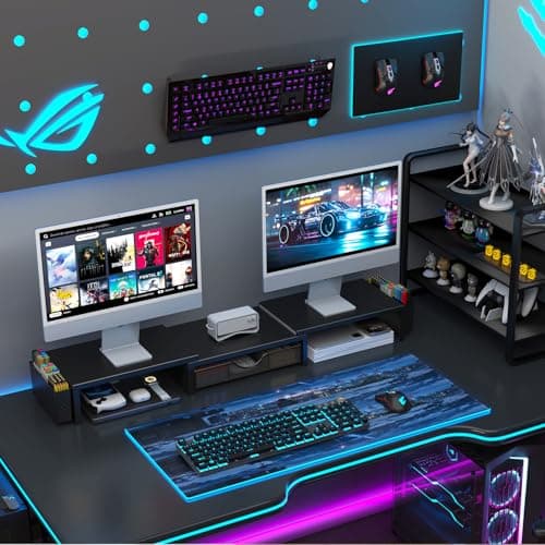 gianotter Dual Monitor Stand Riser, Desk Organizer With Drawer and 2 Pen Holders, Computer Monitor Stand, Desk Shelf for Top of Desk, Balck