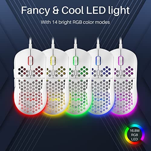 DIERYA M1SE Wired Gaming Mouse with Honeycomb Shell, 12800DPI Optical Sensor, 6 Programmable Macros, Software Support for Custom Key Config, and RGB Settings for Windows 7/8/10/XP, Vista, Linux-White