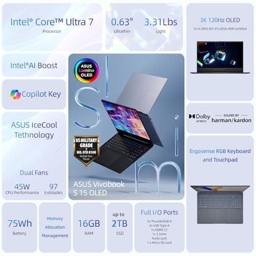 ASUS Vivobook S 15 Laptop, 15.6" 3K 120Hz OLED Display, 16-Cores Ultra 7 155H, Intel Arc Graphics, 16GB RAM, 1TB SSD, RGB Backlit KB, WiFi 6E, Thunderbolt 4, with Lifetime Office, Win 11 Pro