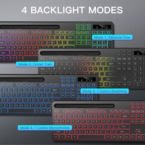 Wireless Keyboard with 7-Color RGB Backlit, Full-Size Computer Keyboard with Phone Tablet Holder, 2.4G Rechargeable Gaming Keyboard with Light Up Keys, Compatible with Mac, Windows (Black)