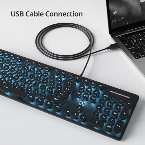 Wired Quiet Membrane Keyboard,Full Size 104-Keys Retro Punk Typewriter Blue LED Backlit ，USB Ultra Slim Gaming Keyboard with ABS Round keycaps for Windows/PC/Laptop (Black)
