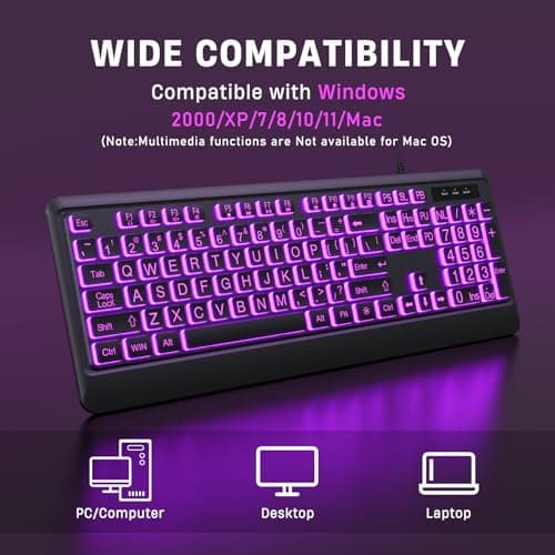 Large Print Keyboard - 7 Interchangeable Backlight Colors, Light Up USB Wired Computer Keyboards, USB Plug-and-Play, Foldable Stands, Corded Full Size Keyboard for Windows, PC, Laptop