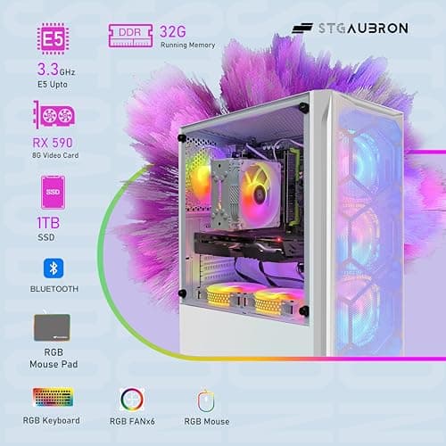 STGAubron Gaming Desktop, Radeon RX 590 8G GDDR5, Intel Xeon E5 2.5G up to 3.3G, 32G Memory, 1T SSD, 600M WiFi, BT 5.0, RGB Fan x 6, RGB Mouse Pad, Windows 10 Home, White