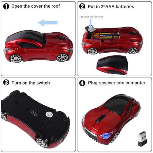 Elec Space Wireless Car-Shape Mouse With LED Headlights, 2.4G Unique for Kids, USB Receiver, 1600 DPI Cool Gaming for Laptop PC Computer-Red
