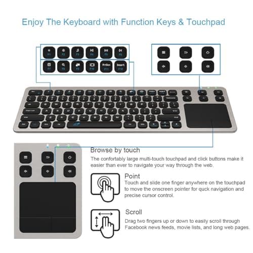 Arteck 2.4G Wireless Touch TV Keyboard with Easy Media Control and Built-in Touchpad Mouse Solid Stainless Ultra Compact Full Size Keyboard -Connected Computer, Smart TV, HTPC