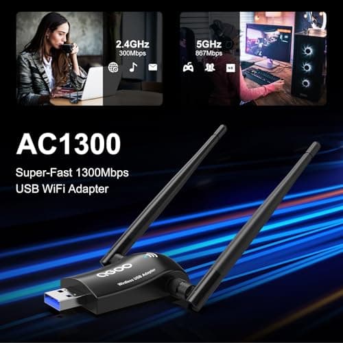 Wireless WiFi Adapter for Desktop PC - QGOO AC1300Mbps USB 3.0 Network Dongle with 5dBi High Gain Dual Antennas, 2.4GHz/5GHz Dual Band for Laptop Computer Compatible Windows11/10/8