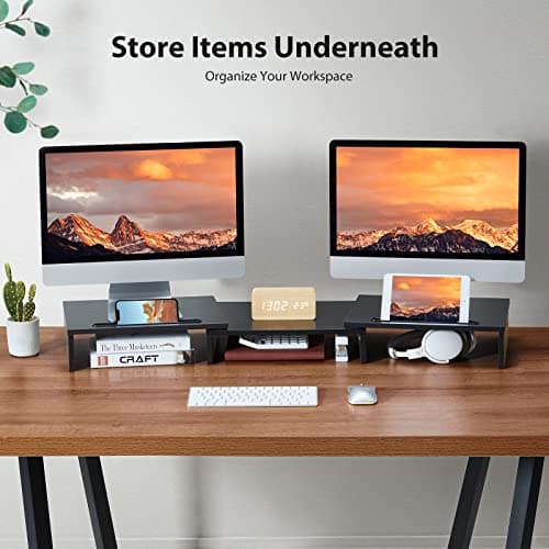 LORYERGO Dual Monitor Stand for 2 Monitors, Desk Riser With Storage, Computer Stand w/Slot for Tablet Cellphone, for PC, Laptop, Printer