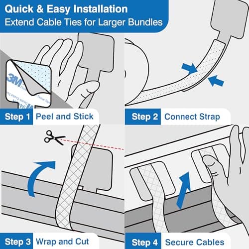 Cable Management Kit with 40 Self-Adhesive Hook and Loop Ties & 2 Extension Straps – 3M Sticky Cord Organizer for Under Desk, Home Office, Wall – Reusable Adjustable Nylon Wire Holders (Black)