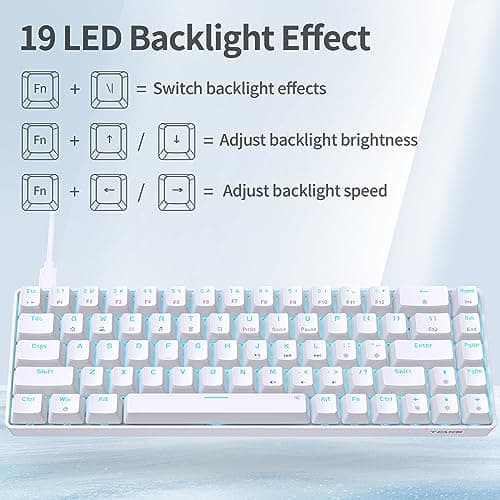 TMKB T68SE 60% Mechanical Gaming Keyboard – Ultra-Compact 68 Keys Wired Keyboard with Blue Switches, LED Backlit, Dedicated Arrow & Control Keys – White – for Windows PC/Laptop/Gamers/Typists