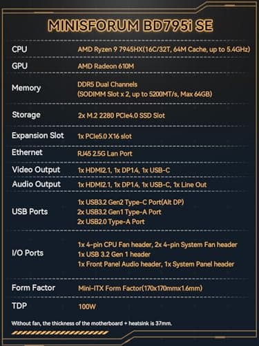 MINISFORUM Motherboard BD795i SE Mini ITX NAS Motherboard, AMD Ryzen 9 7945HX, 16 C/32 T,PCIe 5.0 x16 Slot, Dual PCIe4.0 M.2 Support, DDR5,8K Triple Output(HDMI/DP/USB-C), RJ45 2.5G, USB 3.2
