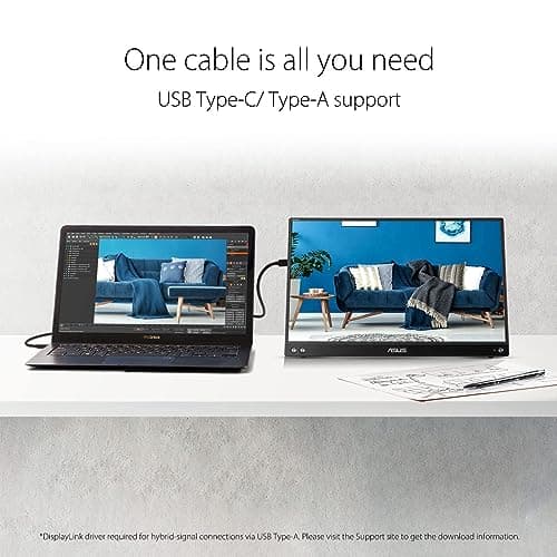 ASUS ZenScreen 15.6” 1080P Portable Monitor (MB16ACV) - Full HD, IPS, Eye Care, Flicker Free, Blue Light Filter, Kickstand, USB-C Power Delivery, for Laptop, PC, Phone, Console