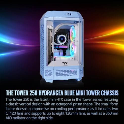 Thermaltake Tower 250 Hydrangea Blue Mini-ITX Mini Tower; 2x120mm CT Fans Included; 360mm Radiator Support; 360mm GPU Clearance; Dual Chamber; CA-1Z9-00SFWN-00