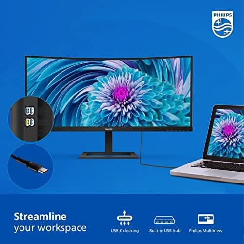 Philips 346E2CUAE 34'' Curved Frameless, UltraWide QHD 3440x1440,100Hz, 121% sRGB, 1ms MPRT, USB-C Charging, MultiView PIP/PBP, Height Adjustable, 4Yr Advance Replacement, Black