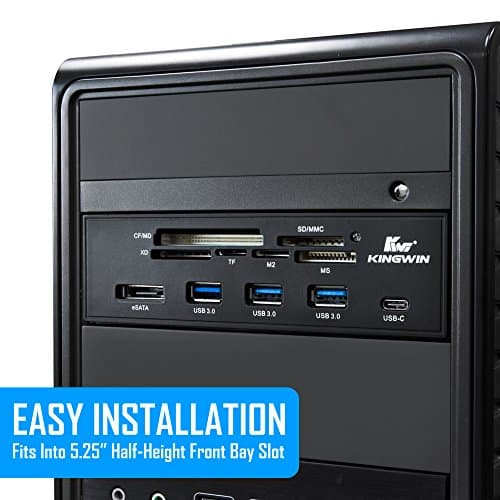 Kingwin Powered USB Hub 3.0 w/ 1 USB-C Port, SD Card Reader & Micro SD Card Reader - Sata Power Port w/Lightning Speed Data Transfer Up to 5Gbps - 5.25" Computer Case Front Bay, black (KW525-3U3CR)