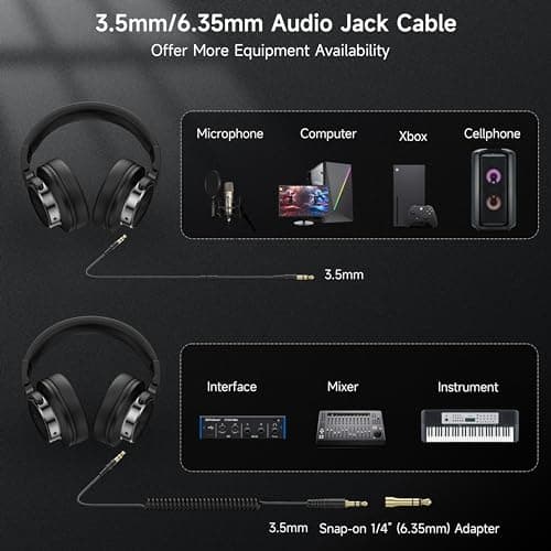 Wired Over Ear Headphones, Studio Monitor & Mixing DJ Headphones with 50mm Neodymium Drivers and 1/4 to 3.5mm Jack for Guitar AMP Podcast Piano Keyboard (Black)