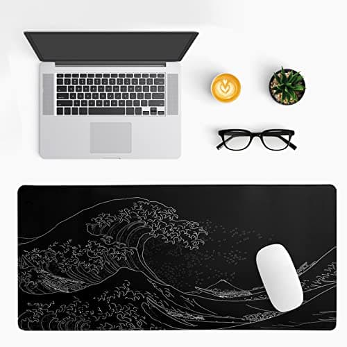 Japanese Sea Wave Large Mouse Pad, Anime Black Gaming, Extended Kanagawa Mat Desk Pad, 3mm Thick Long Non-Slip Rubber Base Mice Pad, 31.5 X 11.8 Inch