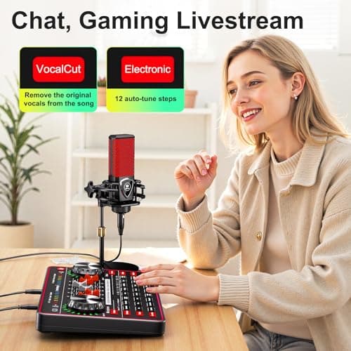 Podcast Microphone Bundle with Live Sound Board Audio Mixer, Podcast Equipment Bundle with 3.5mm Condenser Microphone for Pc/Phone Live Streaming Singing Gaming, Soundboard with Voice Changer, Denoise