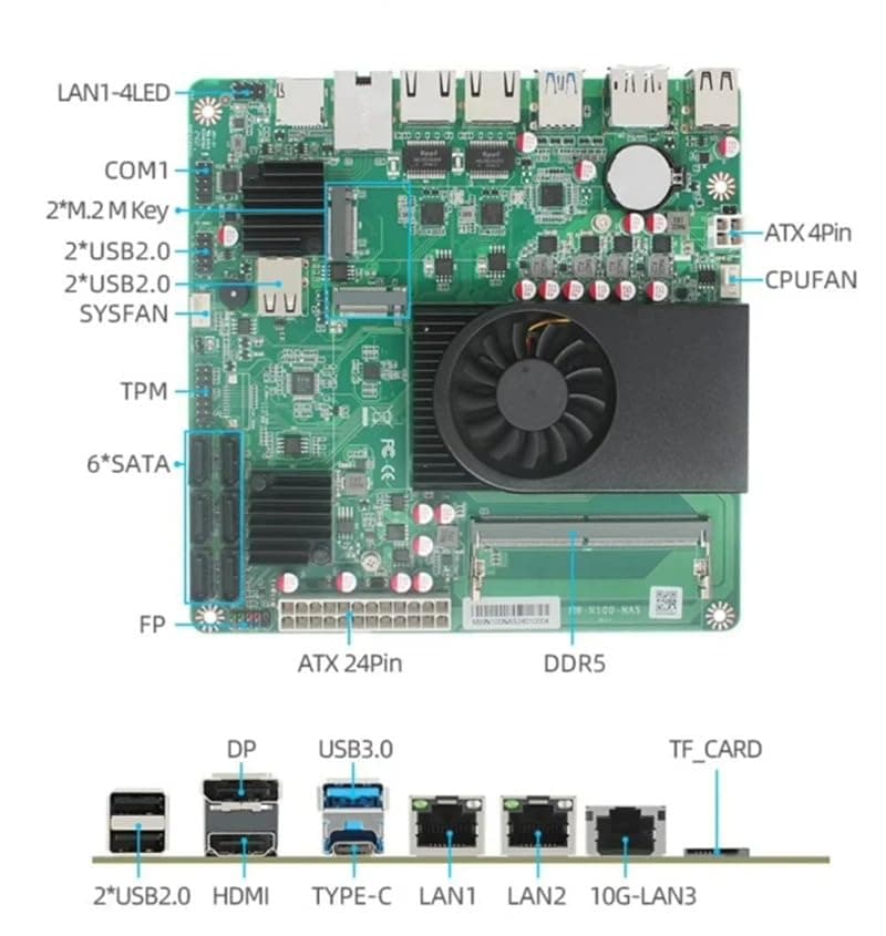 1 * 10G 2*i226-V 2.5G 3LAN Intel N100 NAS Motherboard 6-Bay 6*SATA3.0 2*M.2 NVMe 1*DDR5 Soft Router ITX Mainboard
