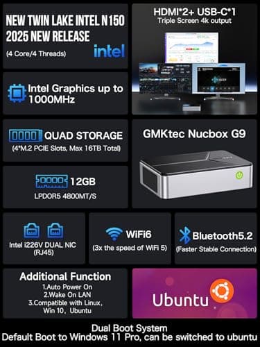 GMKtec G9 Plus Mini PC NAS, Intel N150 Dual Boot Win Linux Desktop Computer 12GB DDR5 64GB EMMC + 1TB M.2 SSD, 4*M.2 NVMe Slots, Dual NIC 2.5GbE, USB-C 10Gbps, Network Attached Storage