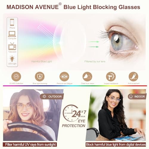 Madison Avenue TR90 Blue Light Blocking Glasses Anti Eyestrain UV Glare Blue Light Glasses for Women TV Phone Computer Gaming Eyeglasses (Black Tortoiseshell)