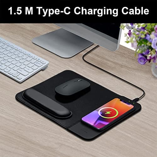 15W Wireless Charging Mouse Pad with Wrist Support, Fast Qi Wireless Charger Mouse Mat for iPhone 16/15/14/13/12/12 Pro/11/11Pro/XR/Xs/X, Samsung Galaxy S10/S9/S8 Plus Note 9/8 Multiple Devices