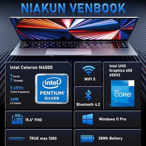 15.6'' Laptop Computer, N4000 Processor Laptops with 8GB RAM, 256GB SSD,15.6 inch FHD 1920 * 1080 Display, WIFI5, BT4.2, Windows 11 Pro