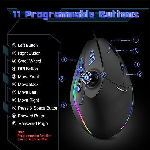 TRELC Gaming Mouse with 5 D Rocker, Ergonomic Mouse with 10000 DPI/11 Programmable Buttons, Vertical Gaming Mice Wired for PC/Laptop/E-Sports/Gamer (Black)