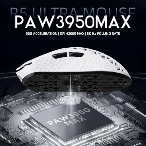 R5Ultra 8K Carbon Fiber Wireless Gaming Mouse with 42,000 DPI -PAW3950 MAX Sensor -Nordic 52840 MCU Chip-39g Ultra-Lightweight -Wired/BT/2.4GHz Wireless Programmable Mice Griptape for PC/Mac(White)