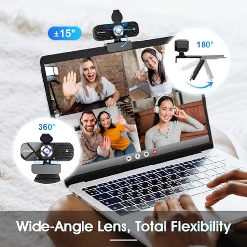 2K HD Webcam with Auto Light Correction, Noise-Canceling Mic, Privacy Cover and Wide Angle Lens, Plug & Play USB Camera for Laptop/PC/Mac, Compatible with Zoom, Skype, Teams & Streaming Black