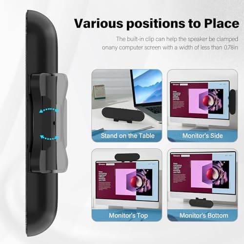 Computer Speakers for Desktop Monitor,Single Speakers for Desktop PC,Laptop Speaker with Loud Sound,Volume Control Easily Clamps to Monitors(USB-C to USB Adapter Included) (Black)