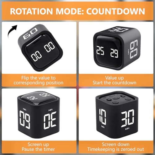 GuDoQi Multi-Function Cube Timer, 5/10/30/60 Min & Custom Count Down, Included Pause & Resume Feature, Silent, Vibrate & Adjustable Sound Alarm for Productivity in Tasks, Study & Kitchen, Black