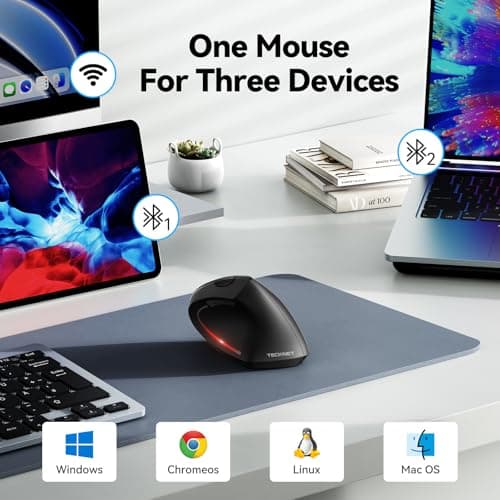 TECKNET Ergonomic Mouse, Wireless Bluetooth Vertical Mouse, 4800 DPI Optical Tracking, 6 Adjustable DPI, Quiet Clicks, 2.4GHz with USB A Receiver, 6 Buttons, Wide Compatibility - Black