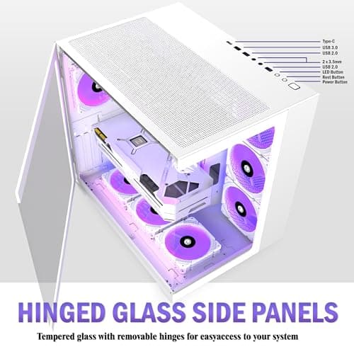 ANSAITE PC CASE ATX 9 PWM ARGB Fans Pre-Installed, Mid-Tower Gaming PC Case, Panoramic Tempered Glass White Computer Case with Type-C,360mm Radiator Support,W9