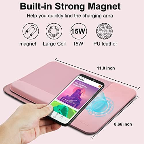 15W Wireless Charging Mouse Pad with Detachable Wrist Support and 20W Power Adapter, Fast QI Wireless Phone Charger Mouse Mat for iPhone 16/15/14/13/12/11/X and Samsung Multiple Devices (Pink)
