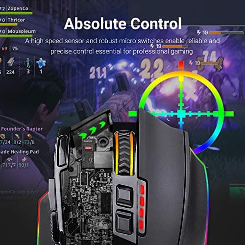 Redragon M801 Wireless Gaming Mouse, RGB Gaming Mouse with MMO 9 Programmable Macro Editing Buttons, UP 16000 Adjustable DPI, Rapid Fire Button for Game, Windows,PC - Wireless, Black